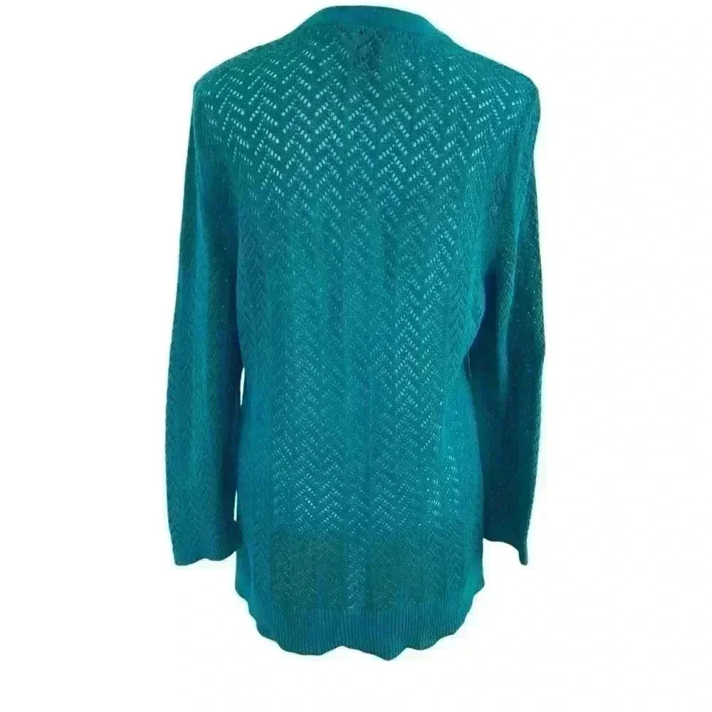 Ann Taylor Open Knit Crochet Cardigan Size L Teal V neck Lightweight Casual Fall - Picture 4 of 9